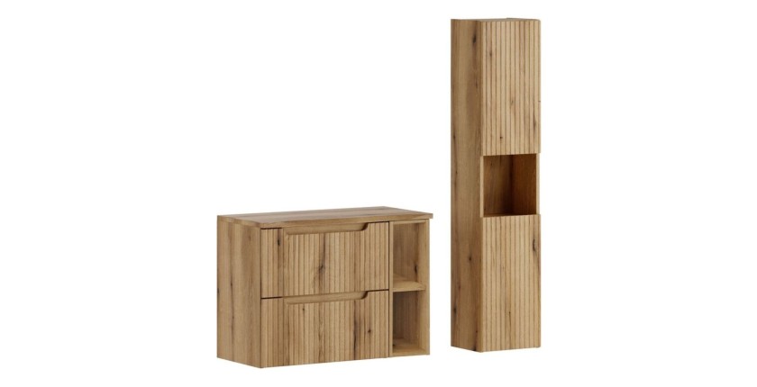 Ensemble de salle de bain VANO chêne clair 110cm : meubles sous vasque à tiroirs avec niches visibles + plan pour vasque + colon