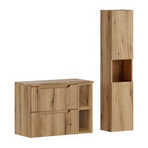 Ensemble VANO chêne 110cm : meuble sous vasque à tiroirs, niches visibles, plan pour vasque et colonne