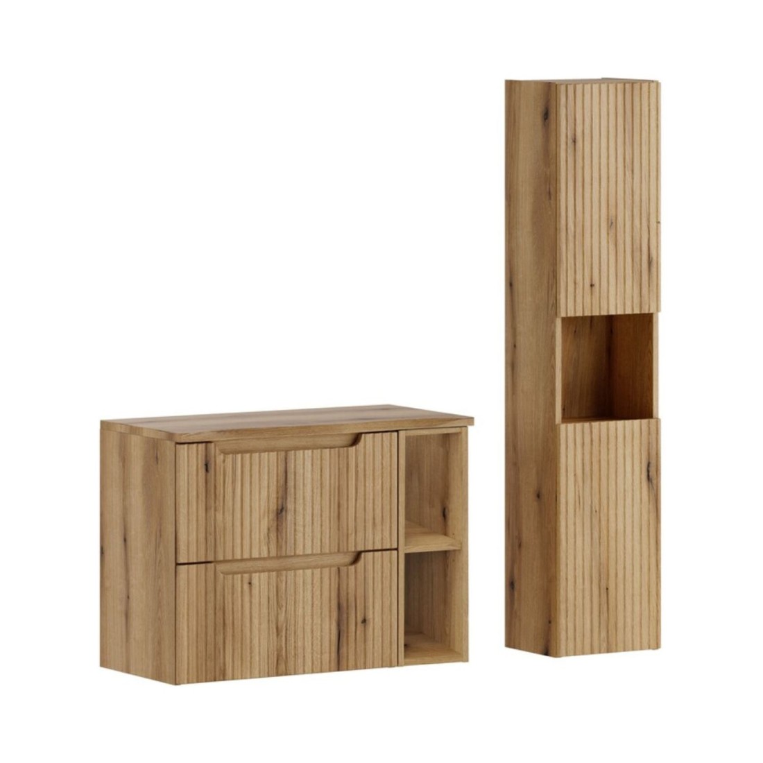 Ensemble VANO chêne 110cm : meuble sous vasque à tiroirs, niches visibles, plan pour vasque et colonne