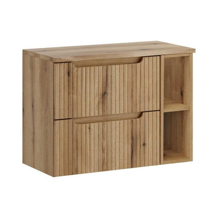 Ensemble VANO licht eiken 80cm: onderkast met laden en zichtbare nissen + blad voor wastafel + kolomkast