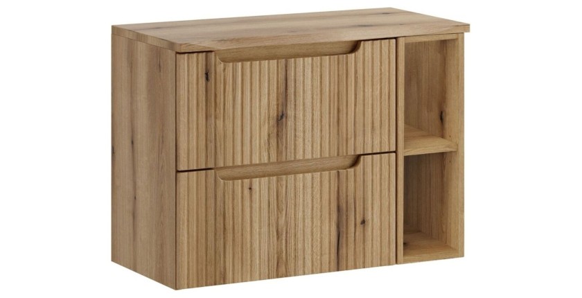 Ensemble de salle de bain VANO chêne clair 80cm : meubles sous vasque à tiroirs avec niches visibles + plan pour vasque + colonn