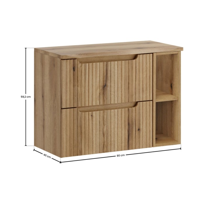 Ensemble VANO licht eiken 80cm: onderkast met laden en zichtbare nissen + blad voor wastafel + kolomkast