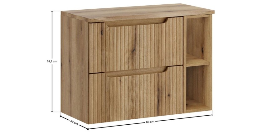 Ensemble VANO chêne 80cm : meuble sous vasque à tiroirs, niches visibles et plan pour vasque dimensions