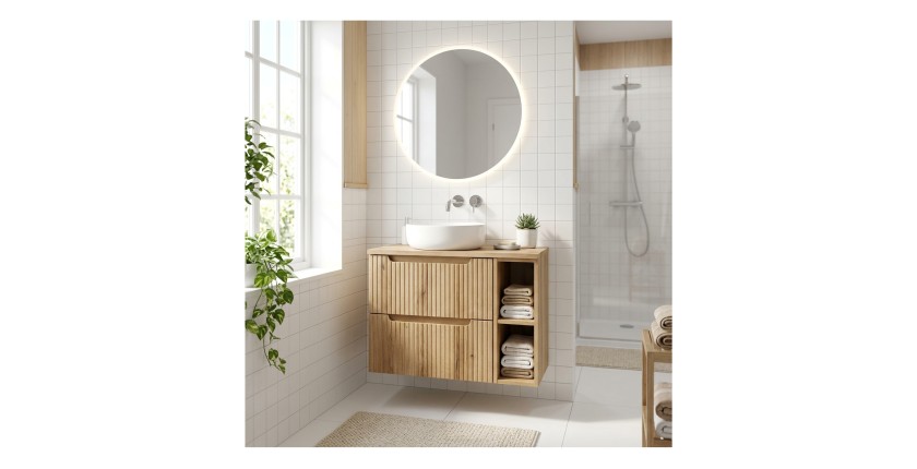 Ensemble de salle de bain VANO chêne clair 80cm : meubles sous vasque à tiroirs avec niches visibles + plan pour vasque + colonn