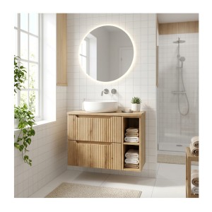 Ensemble de salle de bain VANO chêne clair 80cm : meubles sous vasque à tiroirs avec niches visibles + plan pour vasque + colonn