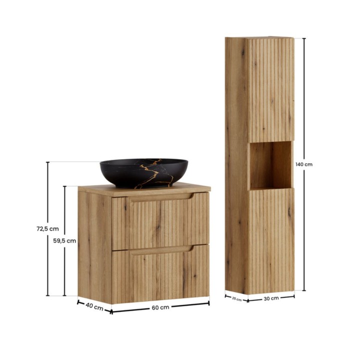 Ensemble VANO chêne 90cm : meuble sous vasque, plan pour vasque, vasque noire marbrée et colonne dimensions