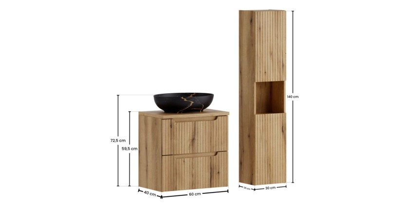 Ensemble VANO chêne 90cm : meuble sous vasque, plan pour vasque, vasque noire marbrée et colonne dimensions