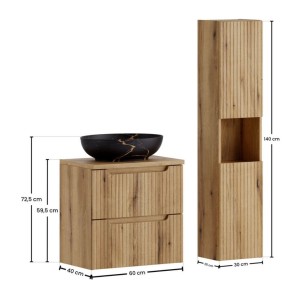 Ensemble VANO chêne 90cm : meuble sous vasque, plan pour vasque, vasque noire marbrée et colonne dimensions