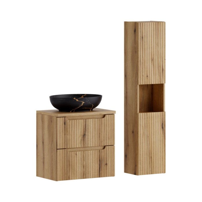 Ensemble VANO chêne 90cm : meuble sous vasque, plan pour vasque, vasque noire marbrée et colonne