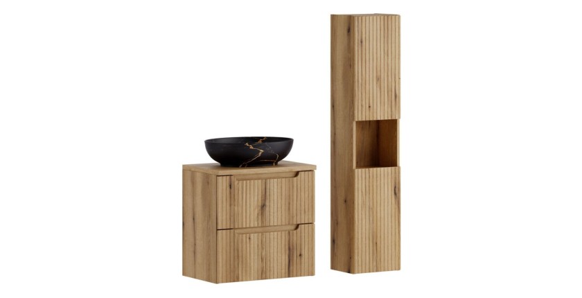 Ensemble VANO chêne 90cm : meuble sous vasque, plan pour vasque, vasque noire marbrée et colonne