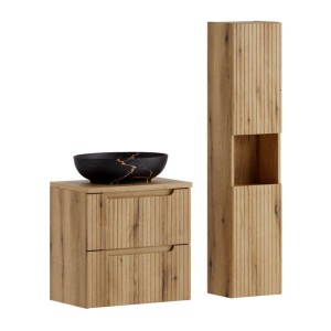 Ensemble VANO chêne 90cm : meuble sous vasque, plan pour vasque, vasque noire marbrée et colonne