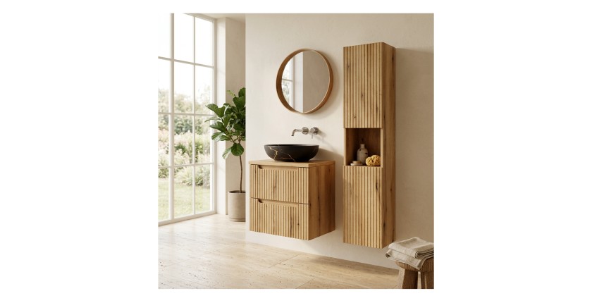 Ensemble VANO chêne 90cm : meuble sous vasque, plan pour vasque, vasque noire marbrée et colonne mis en situation