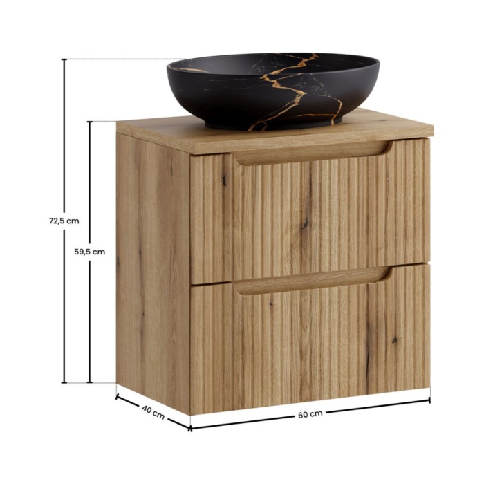 Badezimmer-Set VANO helles Eichenholz 60cm: Unterschrank mit Schubladen + Platte für das Waschbecken + Aufsatzwaschbecken in mar