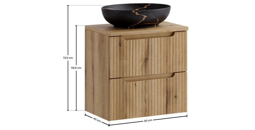 Ensemble VANO chêne 60cm : meuble sous vasque à tiroir, plan pour vasque et vasque noire marbrée à poser dimensions