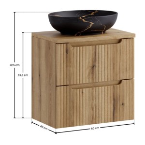 Ensemble VANO chêne 60cm : meuble sous vasque à tiroir, plan pour vasque et vasque noire marbrée à poser dimensions