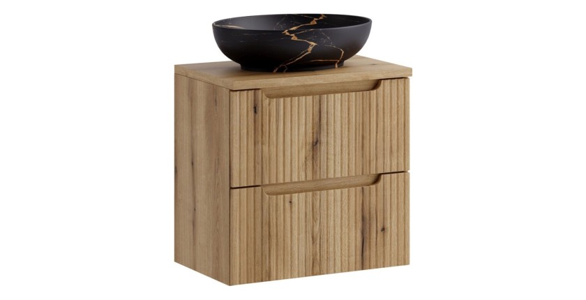 Ensemble VANO chêne 60cm : meuble sous vasque à tiroir, plan pour vasque et vasque noire marbrée à poser