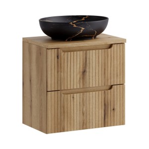 Ensemble VANO chêne 60cm : meuble sous vasque à tiroir, plan pour vasque et vasque noire marbrée à poser