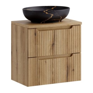 Ensemble VANO chêne 60cm : meuble sous vasque à tiroir, plan pour vasque et vasque noire marbrée à poser