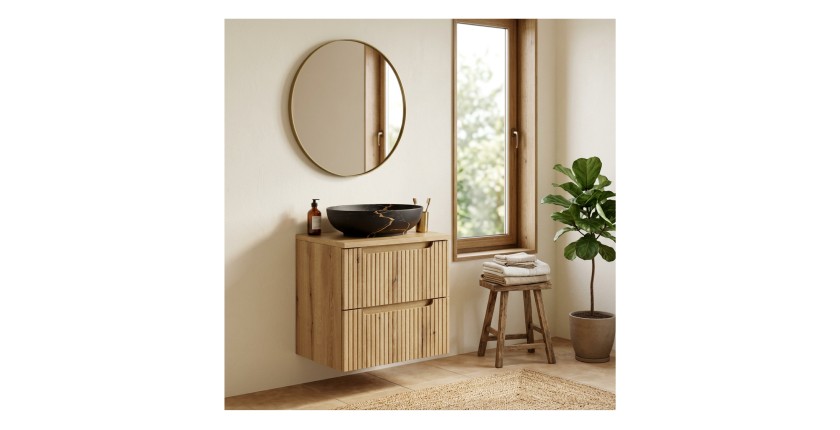 Ensemble VANO chêne 60cm : meuble sous vasque à tiroir, plan pour vasque et vasque noire marbrée à poser mis en situation