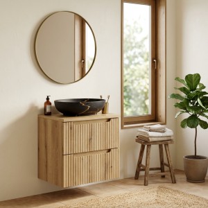 Ensemble VANO chêne 60cm : meuble sous vasque à tiroir, plan pour vasque et vasque noire marbrée à poser mis en situation