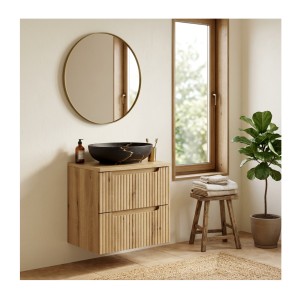 Ensemble VANO chêne 60cm : meuble sous vasque à tiroir, plan pour vasque et vasque noire marbrée à poser mis en situation