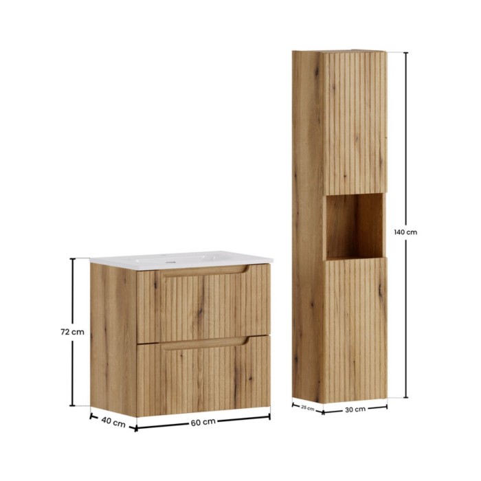 Ensemble VANO 90cm chêne : meuble sous vasque, vasque encastrée et colonne dimensions