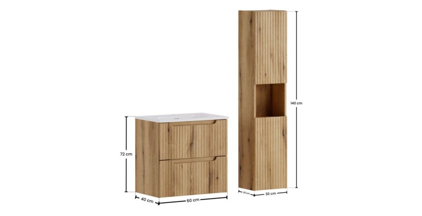 Ensemble VANO 90cm chêne : meuble sous vasque, vasque encastrée et colonne dimensions