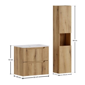 Ensemble VANO 90cm chêne : meuble sous vasque, vasque encastrée et colonne dimensions