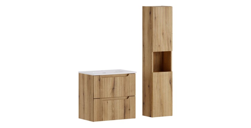 Ensemble VANO 90cm chêne : meuble sous vasque, vasque encastrée et colonne