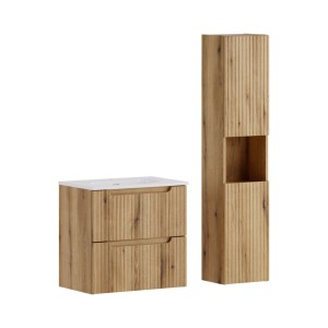 Ensemble VANO 90cm chêne : meuble sous vasque, vasque encastrée et colonne