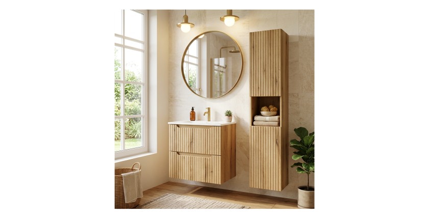 Ensemble VANO 90cm chêne : meuble sous vasque, vasque encastrée et colonne mis en situation