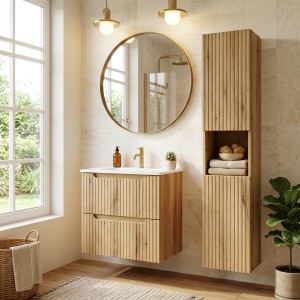 Ensemble VANO 90cm chêne : meuble sous vasque, vasque encastrée et colonne mis en situation