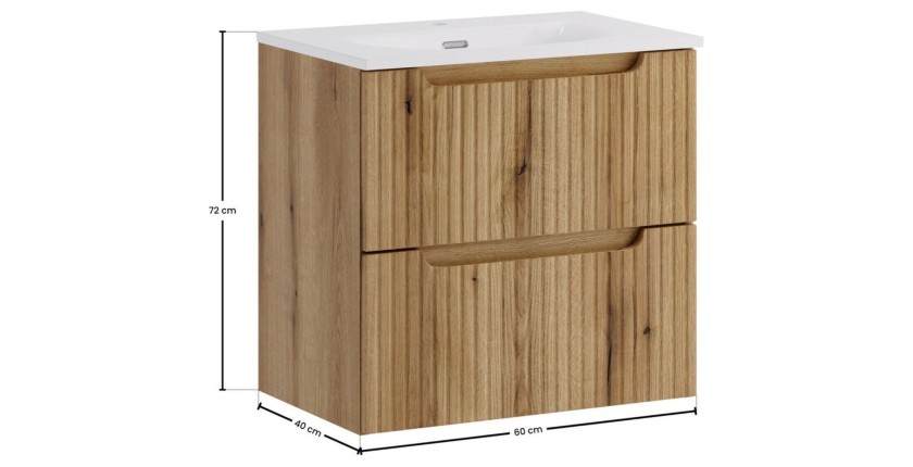Ensemble VANO chêne 60cm : meuble sous vasque à tiroirs et vasque encastrée blanche dimensions