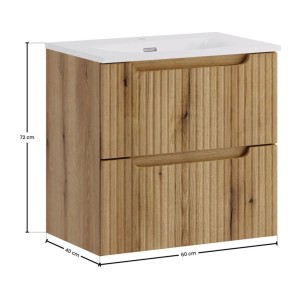 Ensemble VANO chêne 60cm : meuble sous vasque à tiroirs et vasque encastrée blanche dimensions