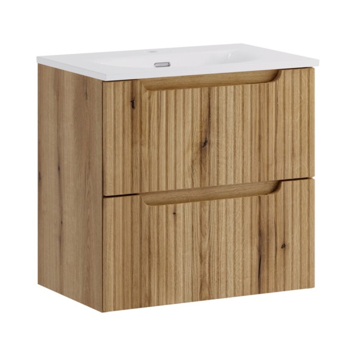 Wandhängendes Badezimmer-Set VANO in hellem Eichenholz 60cm: Unterschrank mit Schubladen + Einbauwaschbecken