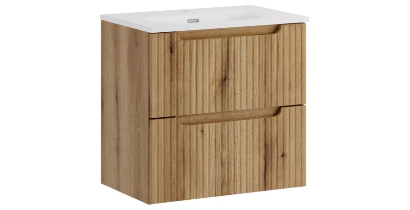 Ensemble VANO chêne 60cm : meuble sous vasque à tiroirs et vasque encastrée blanche