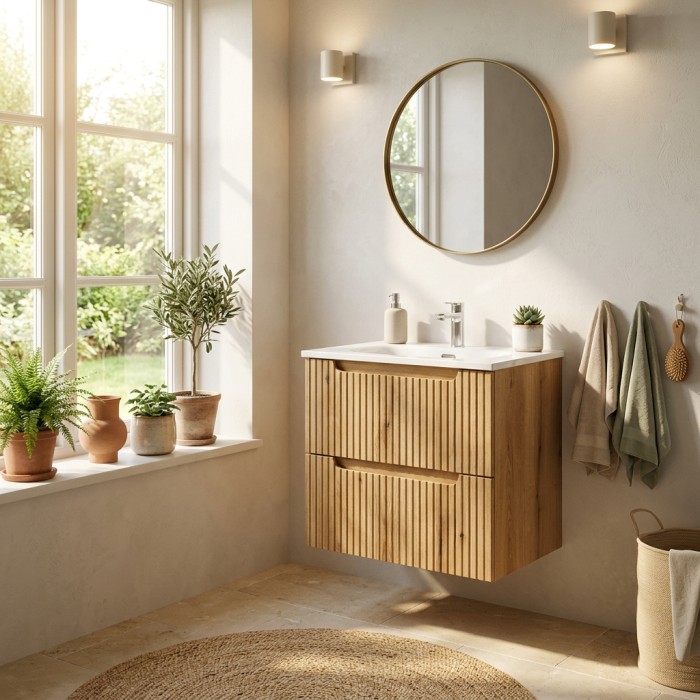 Wandhängendes Badezimmer-Set VANO in hellem Eichenholz 60cm: Unterschrank mit Schubladen + Einbauwaschbecken