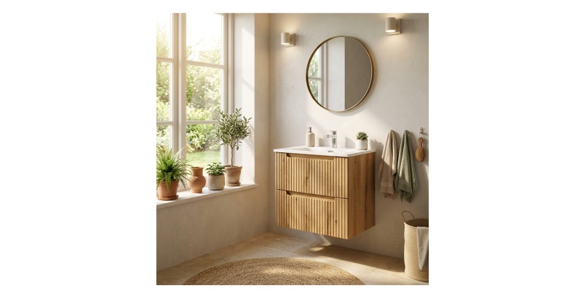 Ensemble VANO chêne 60cm : meuble sous vasque à tiroirs et vasque encastrée blanche mis en situation