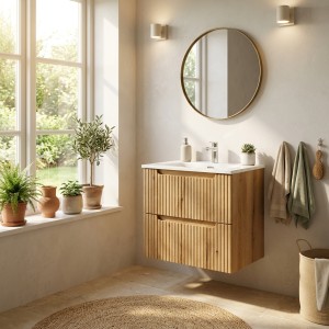 Ensemble VANO chêne 60cm : meuble sous vasque à tiroirs et vasque encastrée blanche mis en situation