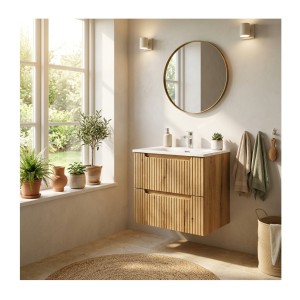 Ensemble VANO chêne 60cm : meuble sous vasque à tiroirs et vasque encastrée blanche mis en situation