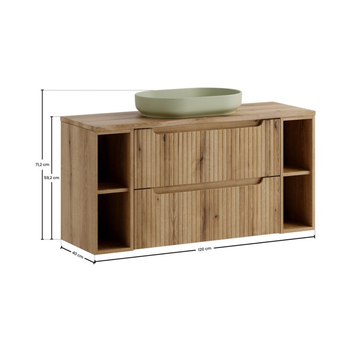 Ensemble VANO chêne 120 cm : meubles sous vasque à tiroirs, niches visibles, plan pour vasque, vasque verte dimensions