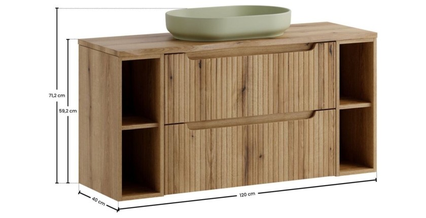 Ensemble VANO chêne 120 cm : meubles sous vasque à tiroirs, niches visibles, plan pour vasque, vasque verte dimensions