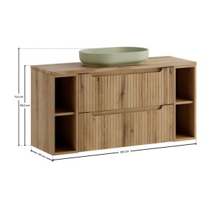 Ensemble VANO chêne 120 cm : meubles sous vasque à tiroirs, niches visibles, plan pour vasque, vasque verte dimensions