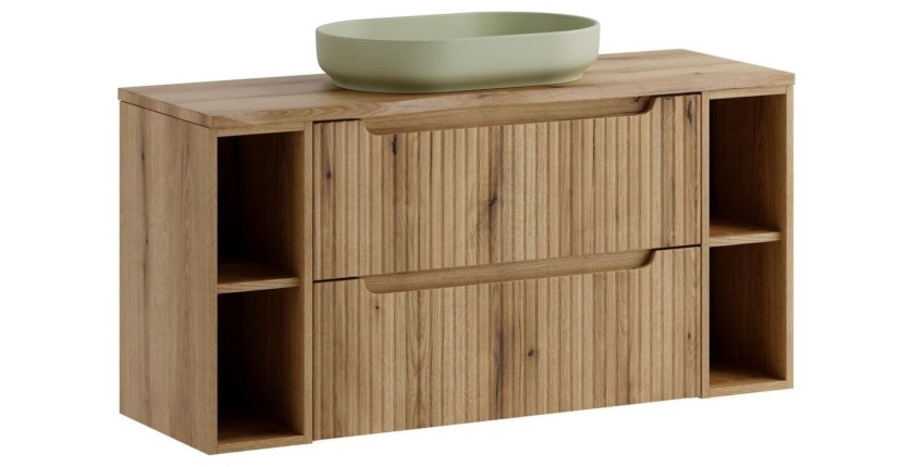 Ensemble VANO chêne clair 120cm : meubles sous vasque à tiroirs avec niches visibles + plan pour vasque + vasque à poser ovale v