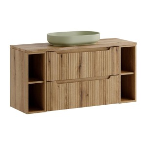 Ensemble VANO chêne clair 120cm : meubles sous vasque à tiroirs avec niches visibles + plan pour vasque + vasque à poser ovale v