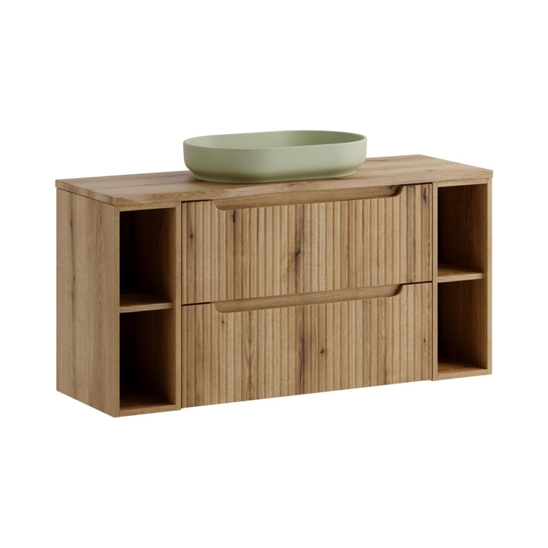 Ensemble VANO chêne clair 120cm : meubles sous vasque à tiroirs avec niches visibles + plan pour vasque + vasque à poser ovale v