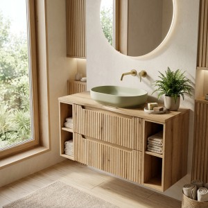 Ensemble VANO chêne 120 cm : meubles sous vasque à tiroirs, niches visibles, plan pour vasque, vasque verte mis en situation