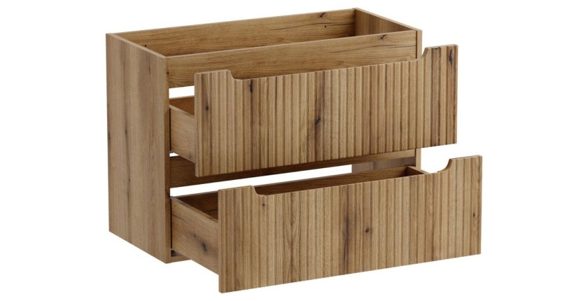 Ensemble VANO chêne clair 120cm : meubles sous vasque à tiroirs avec niches visibles + plan pour vasque + vasque à poser ovale v