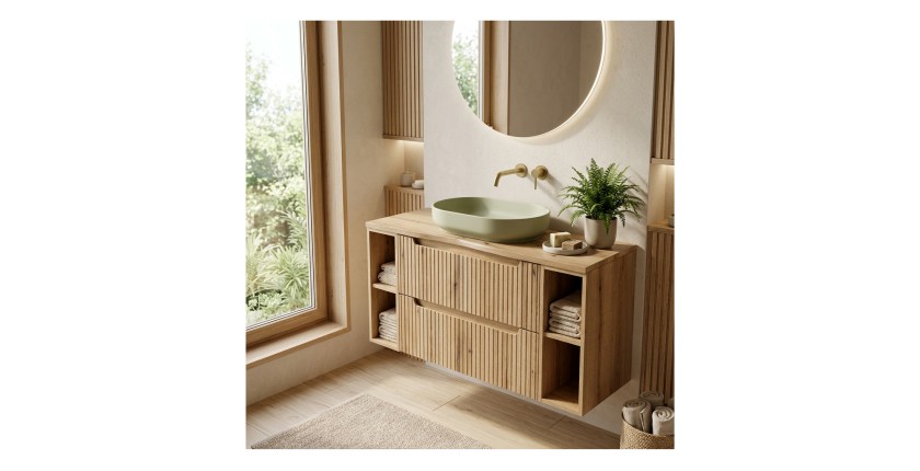 Ensemble VANO chêne 120cm : meubles sous vasque à tiroirs et niches visibles, plan pour vasque mis en situation