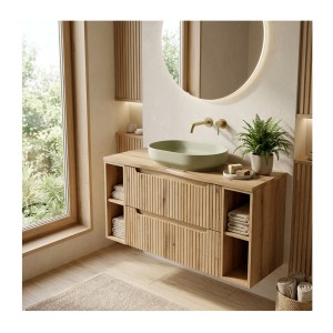 Ensemble de salle de bain suspendu VANO chêne clair 120cm : meubles sous vasque à tiroirs avec niches visibles + plan pour vasqu